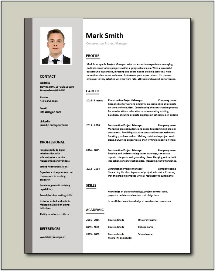 Resume Of A Project Manager For Construction
