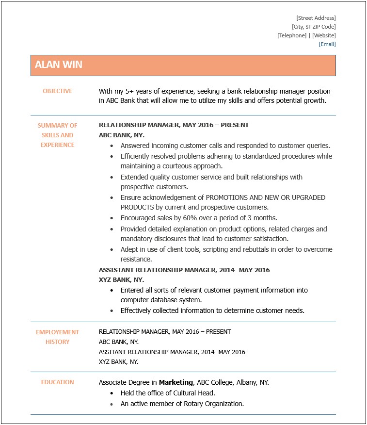 Resume Of A Relationship Manager Banking