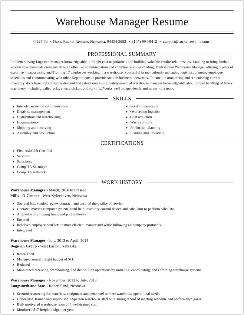 Resume Of A Warehouse Manager