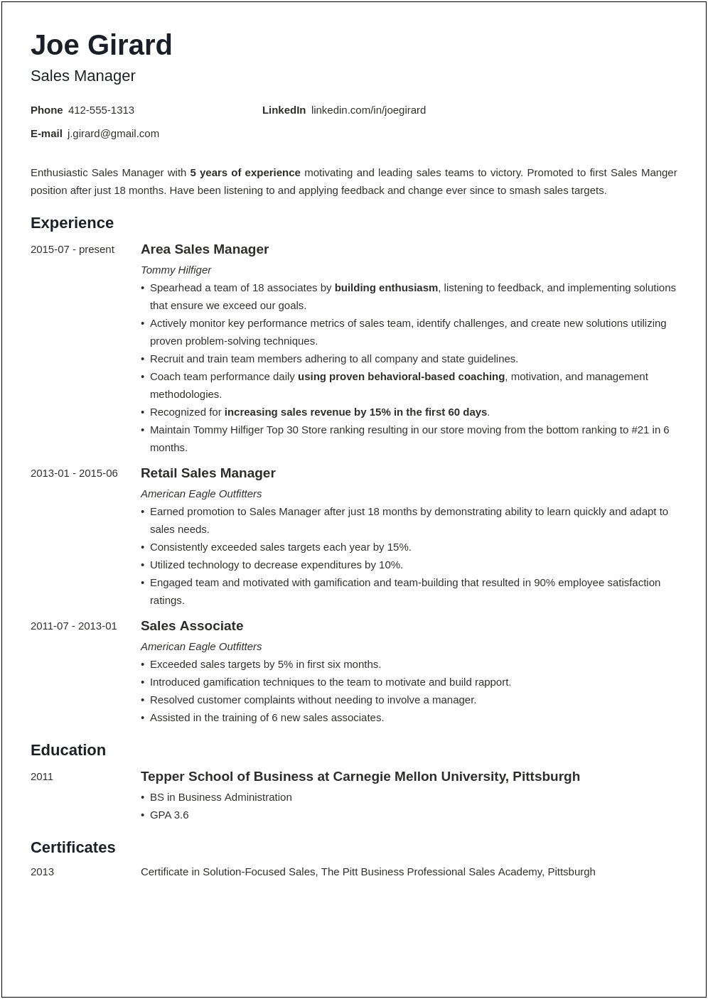 Resume Of Automobile Sales Manager