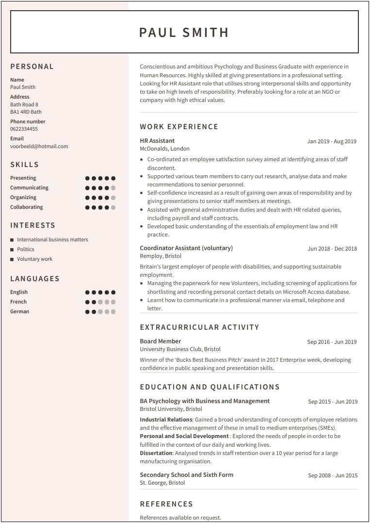 Resume Of College Graduate Sample