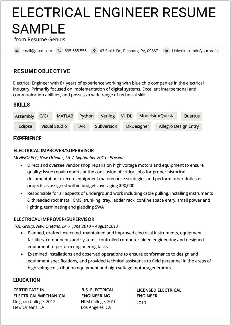 Resume Of Engineer Imple Examples