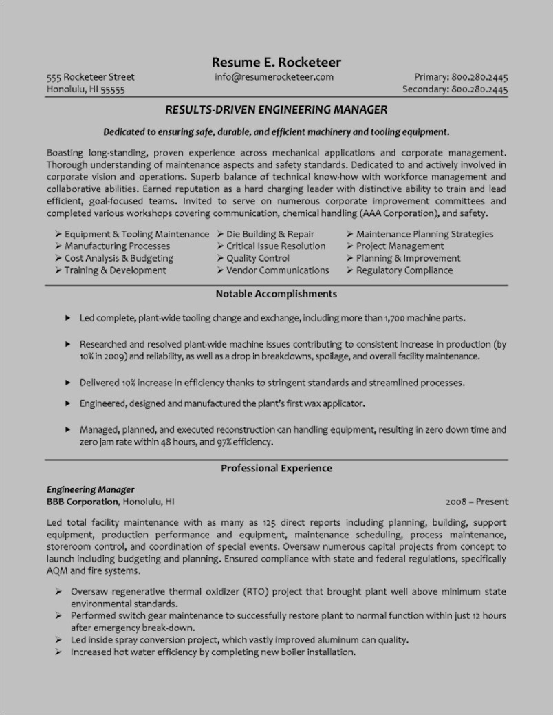 Resume Of General Manager Engineering