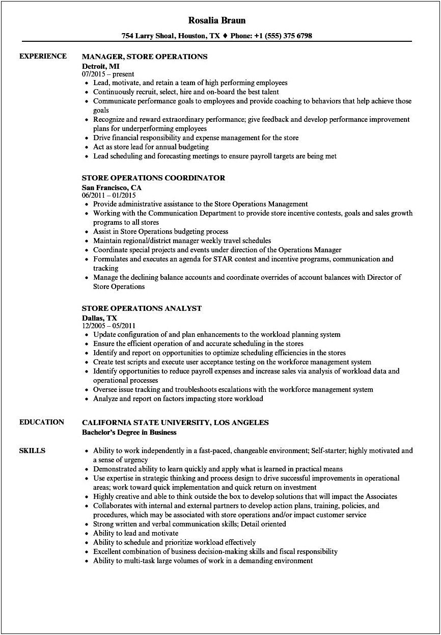 Resume Of Retail Operation Manager