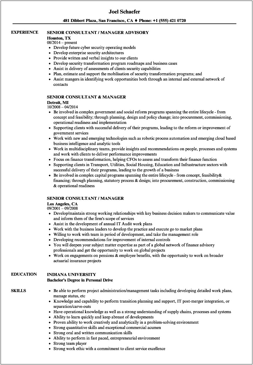 Resume Of Senior Management Consultant