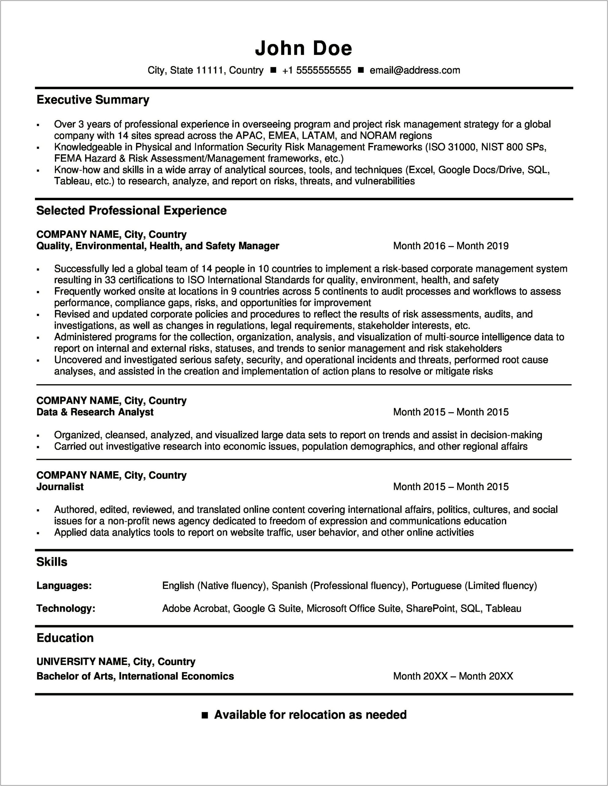 Resume Of Travel Agency Manager
