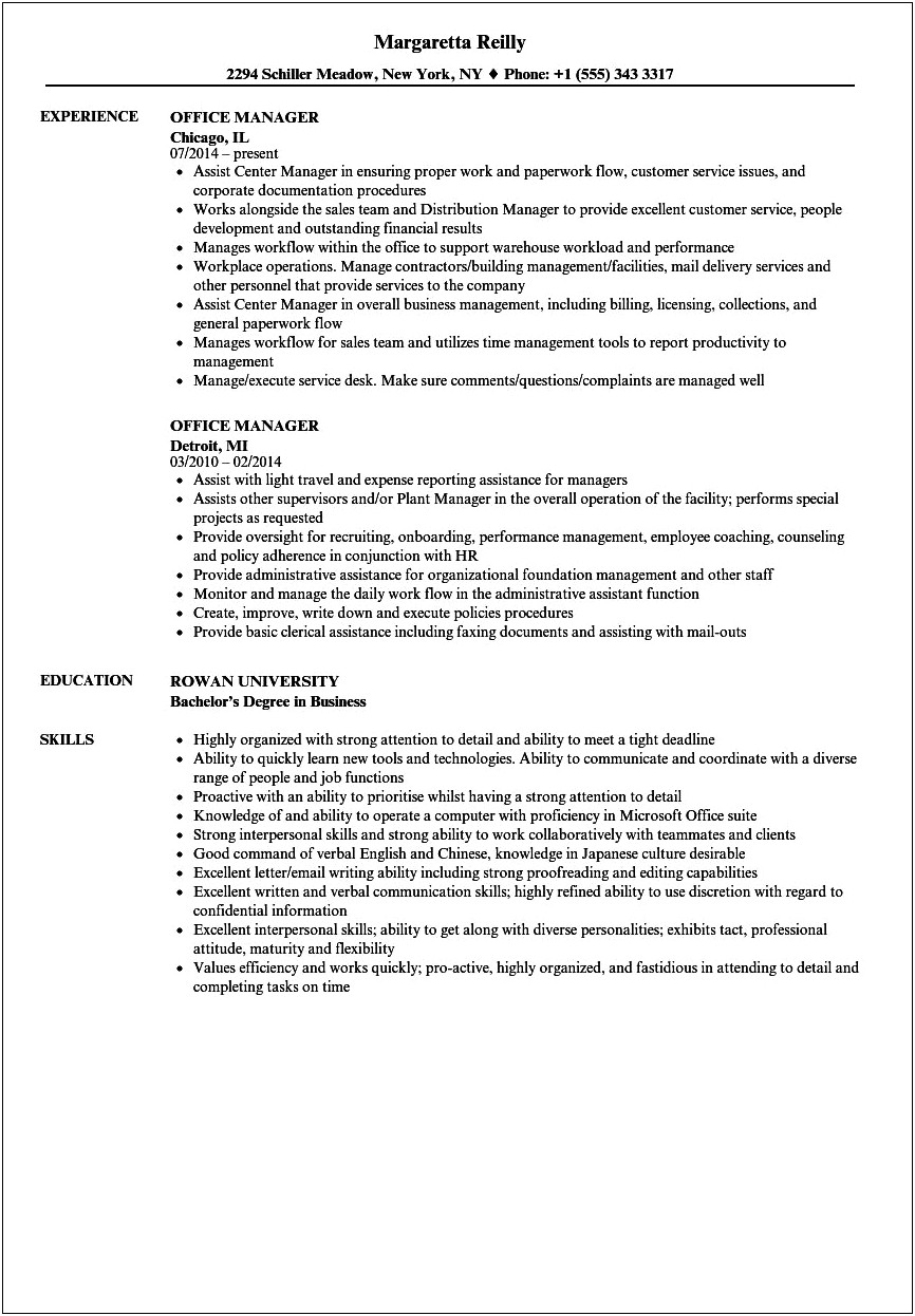 Resume Office Manager Music School