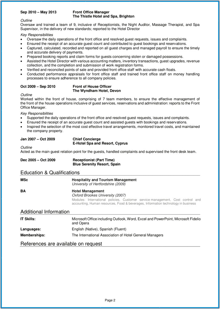 Resume On Client Relationship Manager In Hotels