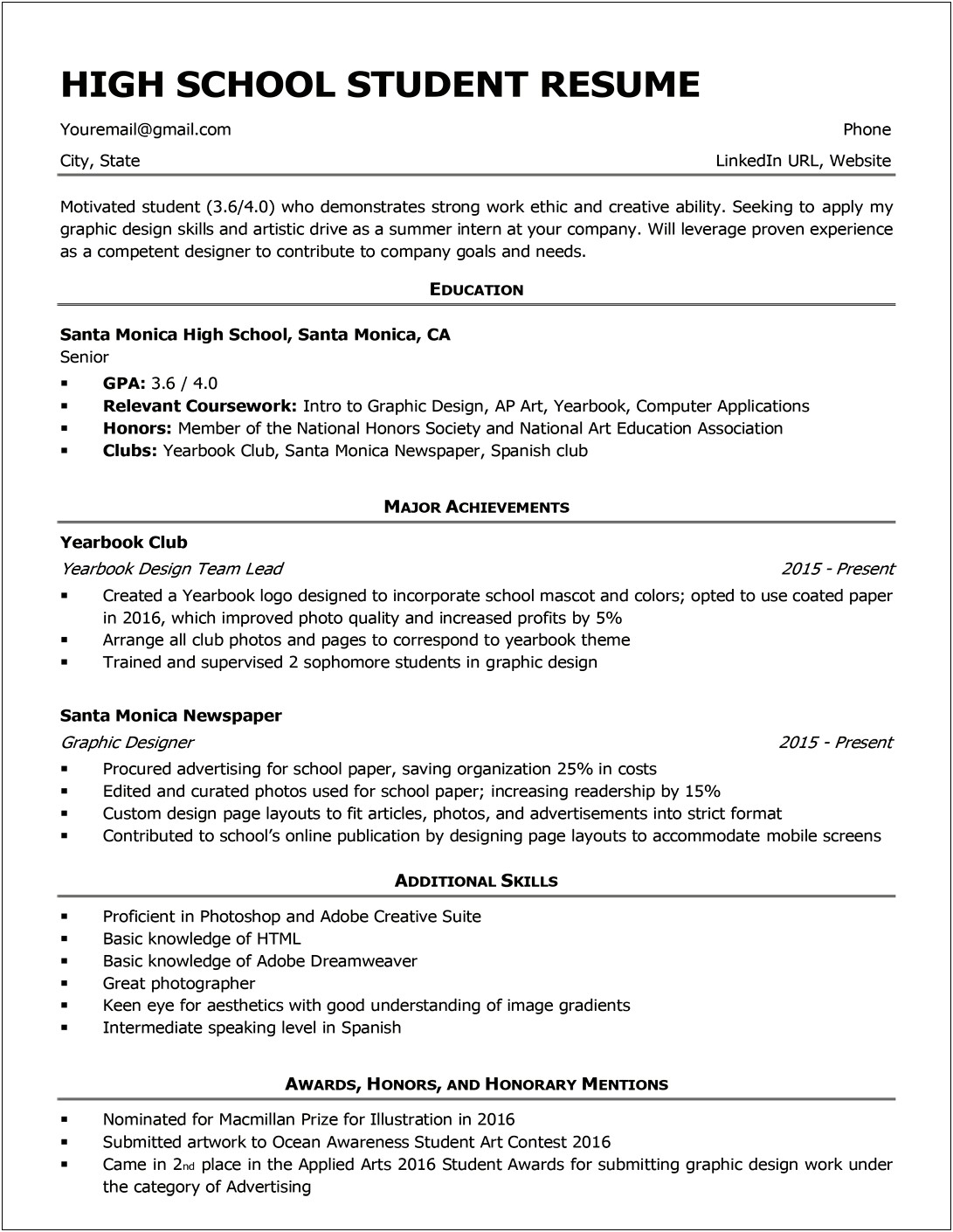 Resume Or Cv For High School Student