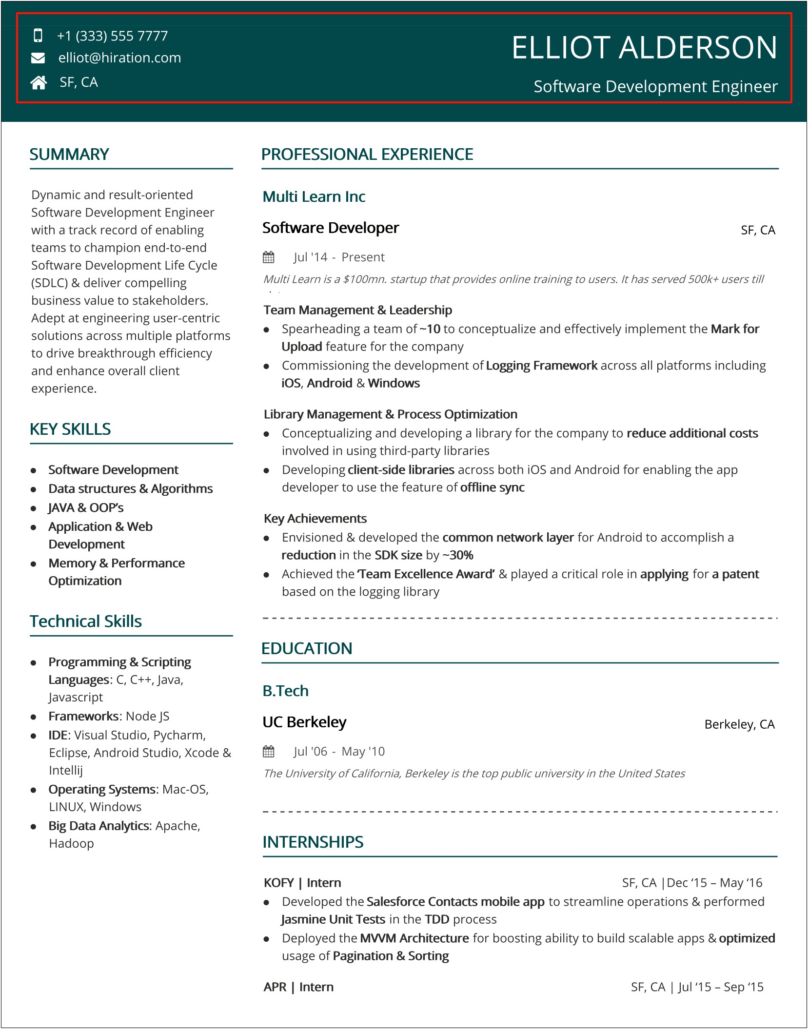 Resume Page 2 Header Example