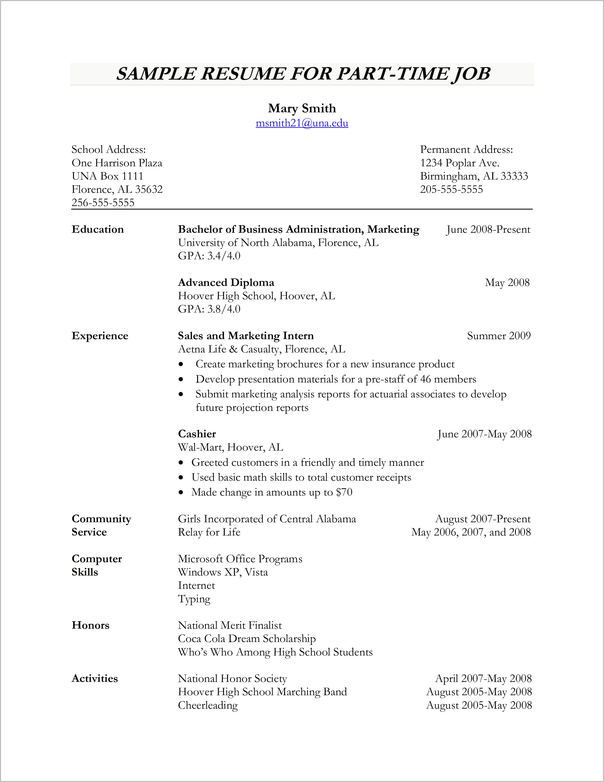 Resume Part Time Job Examples