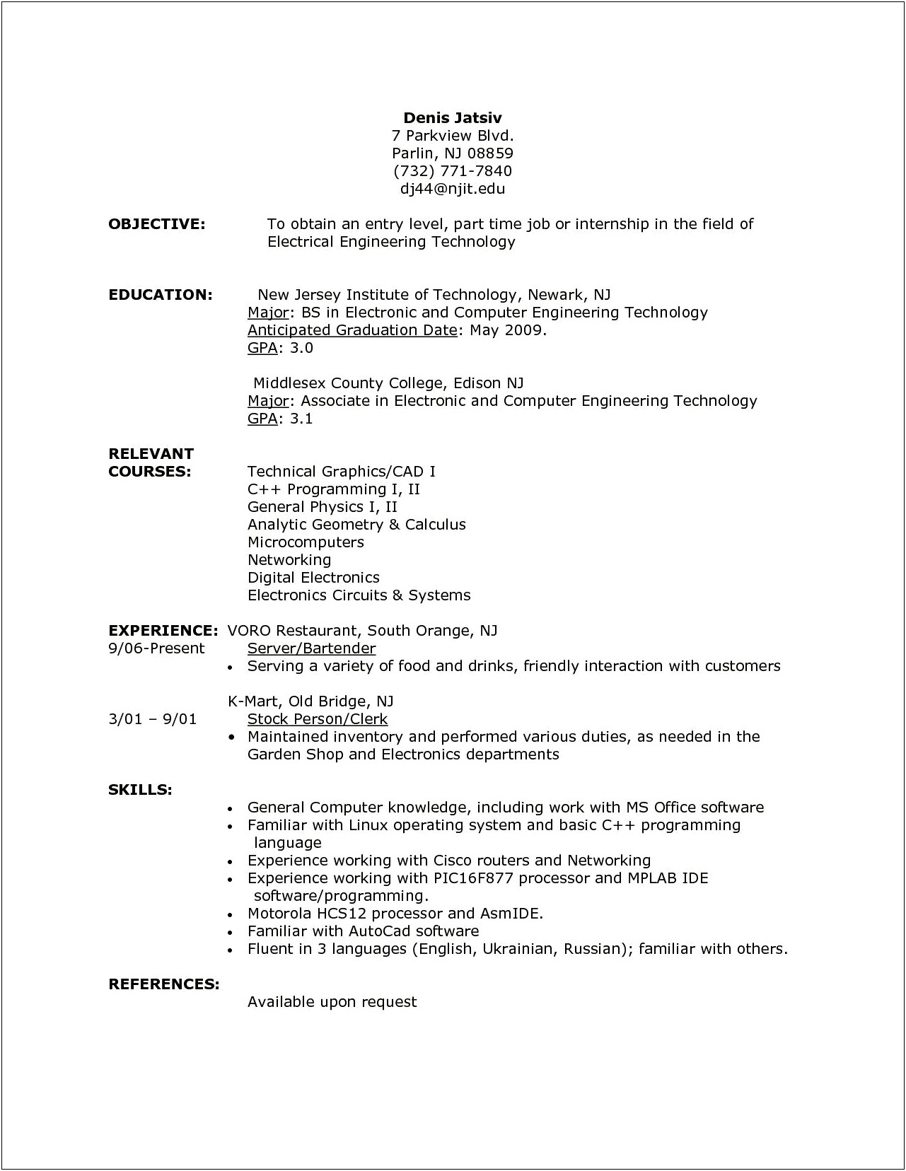 Resume Part Time Job Experience