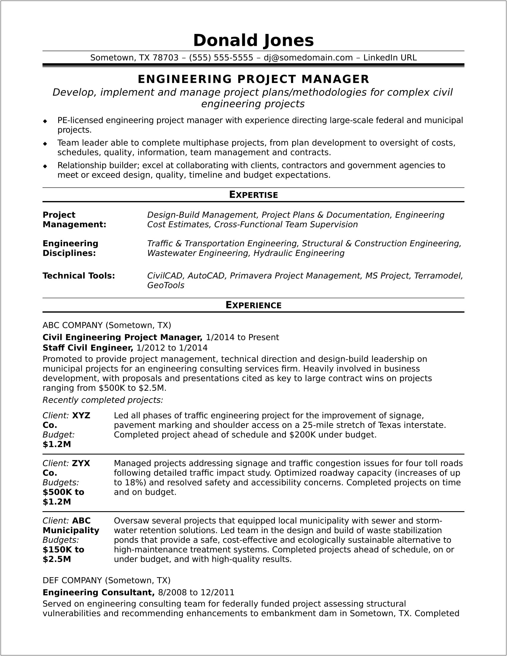 Resume Past Projects Experiance Example