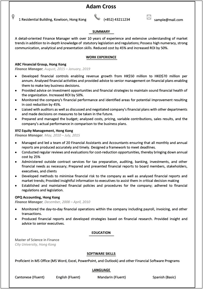 Resume Personal Statement Examples Finance