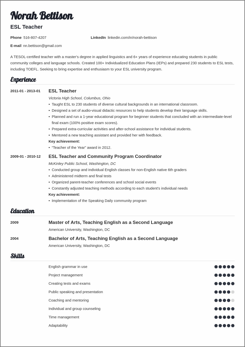 Resume Personal Statement Examples Teacher