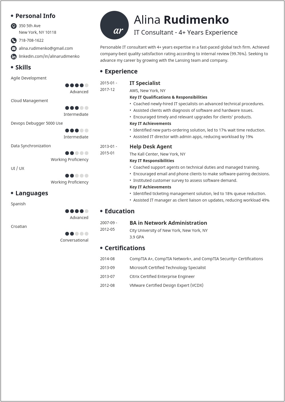 Resume Professional Profile Examples Technology