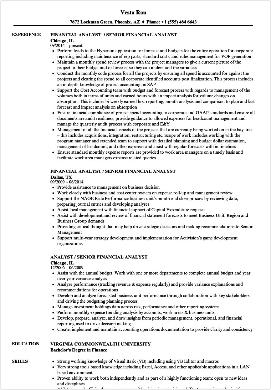 Resume Professional Skills Experienced In Financia Analysis