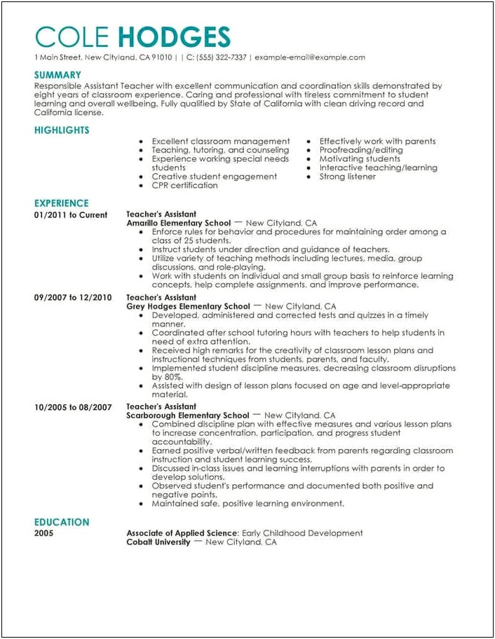 Resume Profile Example For Teachers