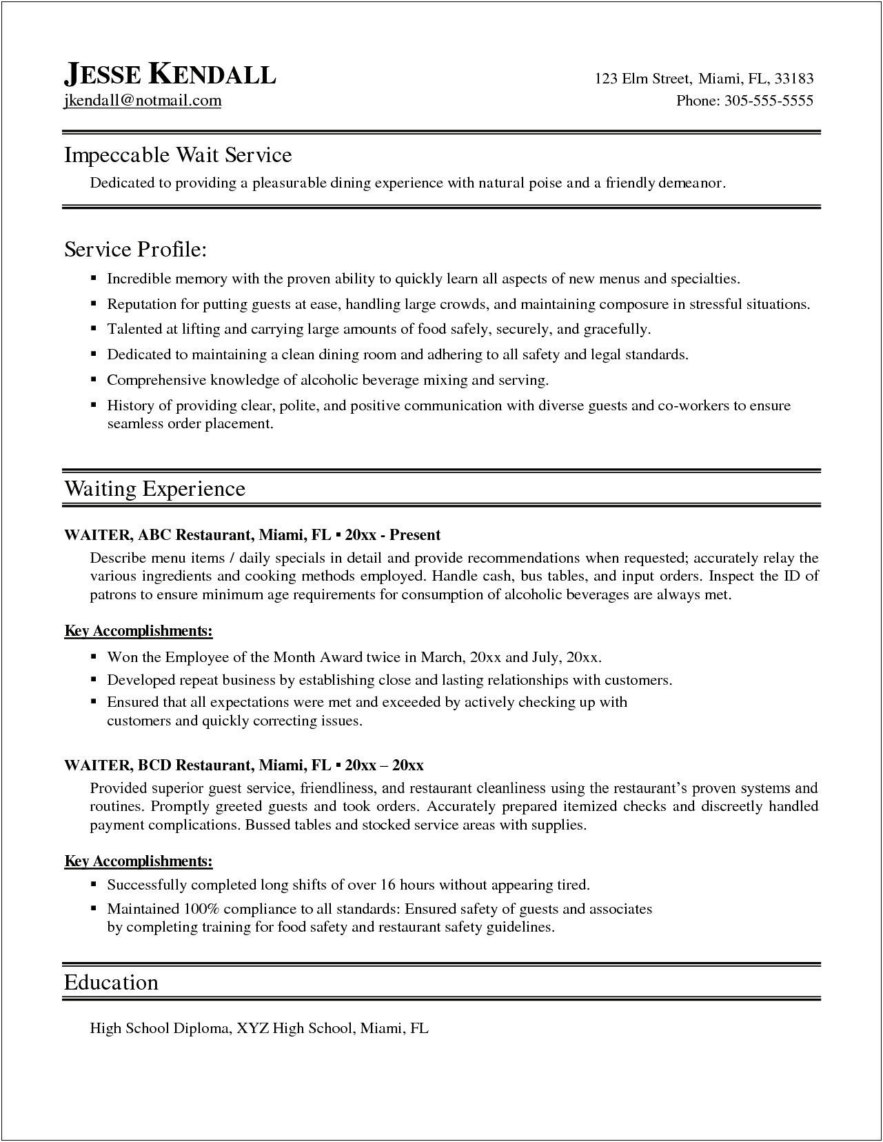 Resume Profile Example For Waitress