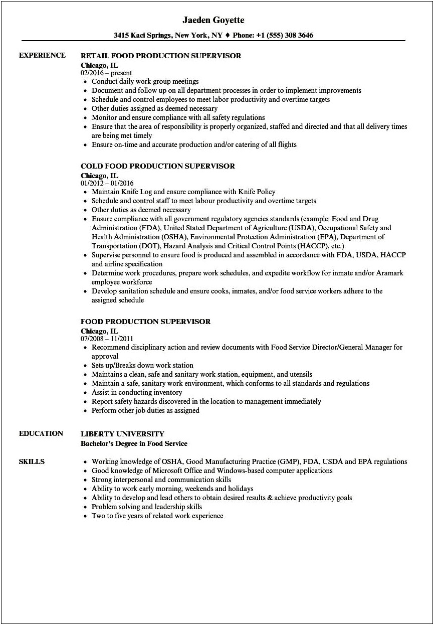 Resume Profile Examples Factory Supervisor