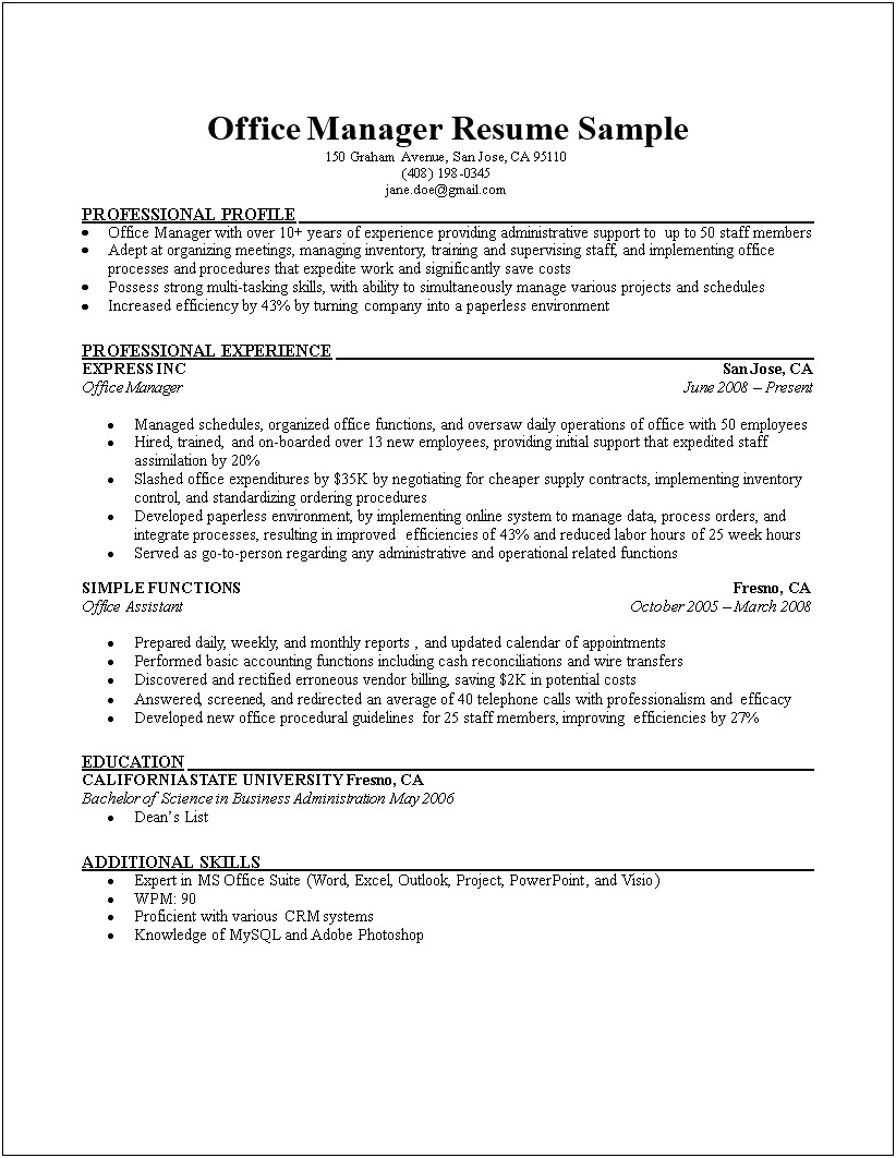 Resume Profile Examples For Office Manager
