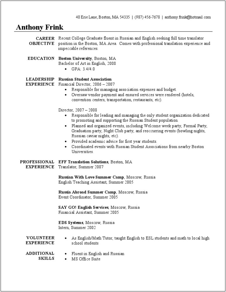 Resume Profile Examples For Recent College Graduates