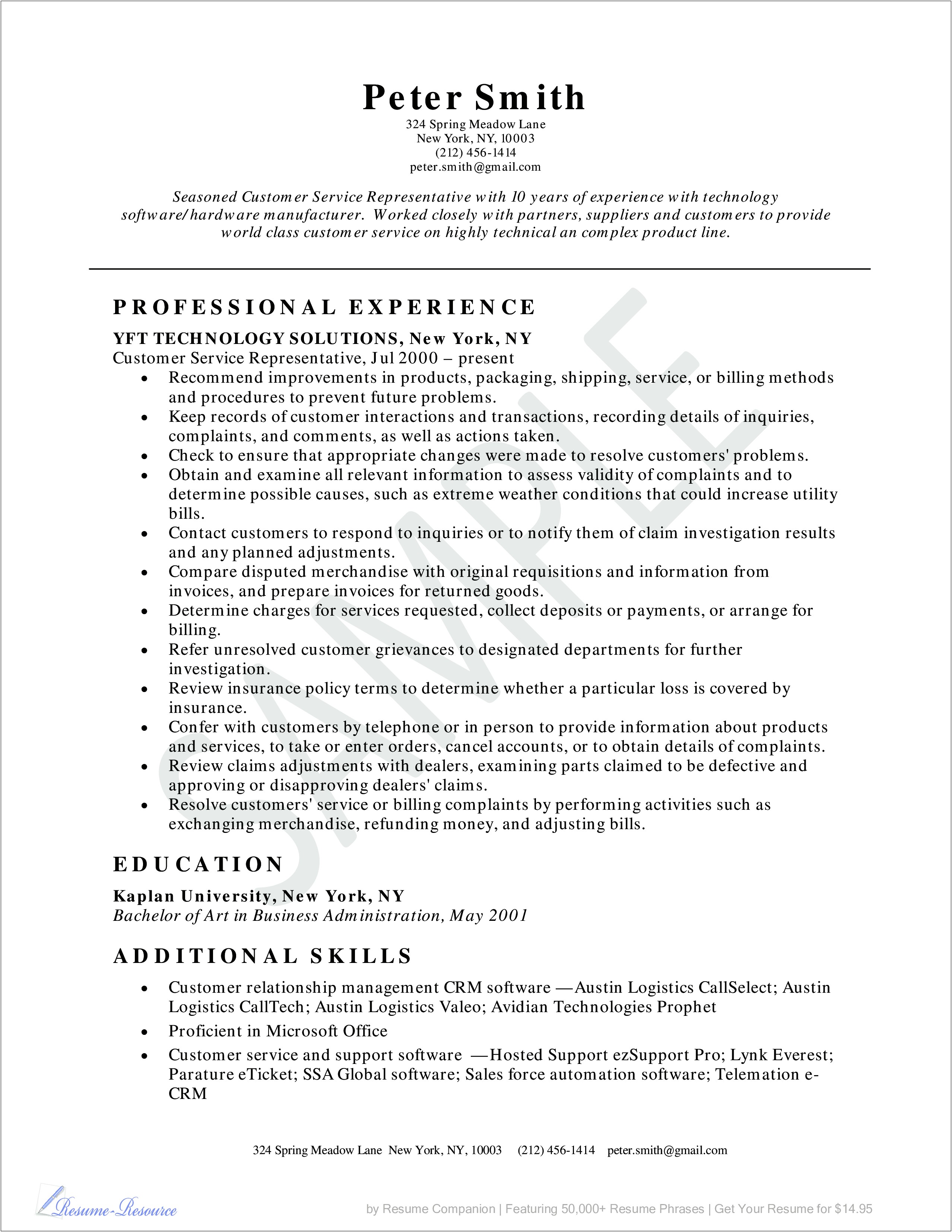 Resume Profile Examples Sales Customer Service