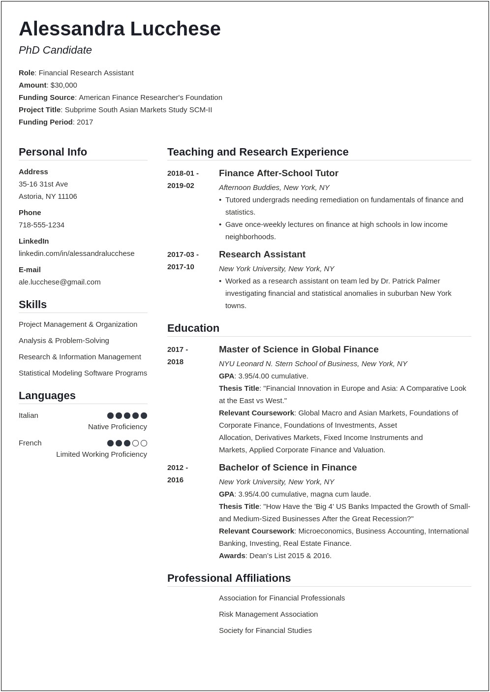 Resume Profile For Applying To Grad School