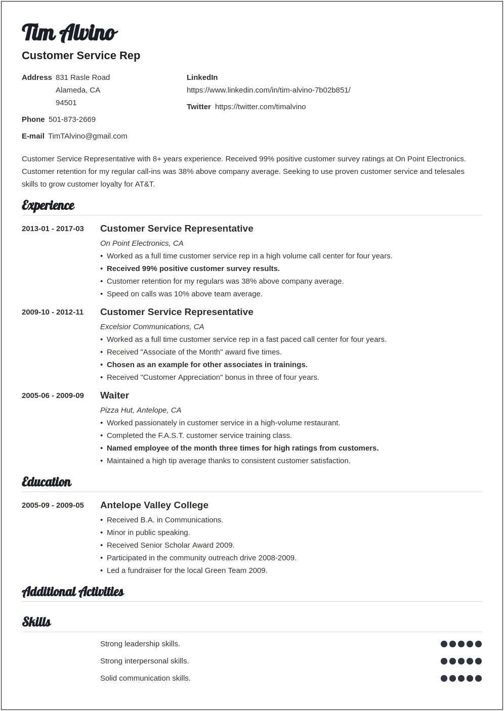 Resume Profile Sample Customer Service