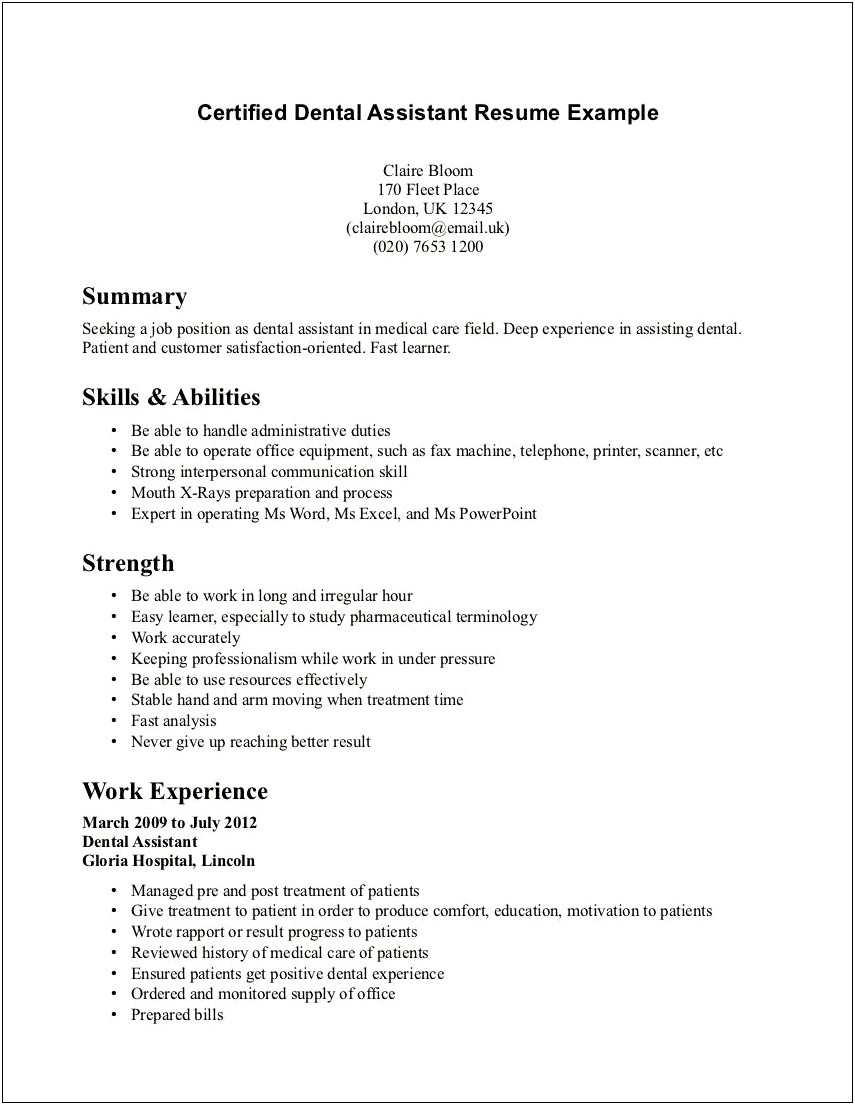 Resume Profile Sample For Dental Assistant Position