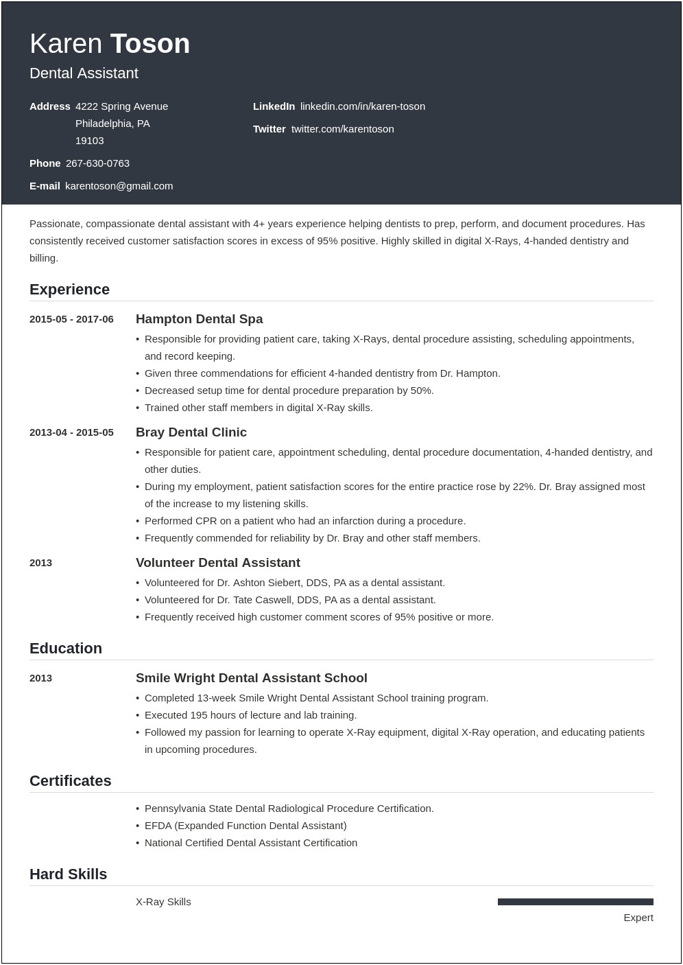 Resume Profile Sample For Dental Assistant