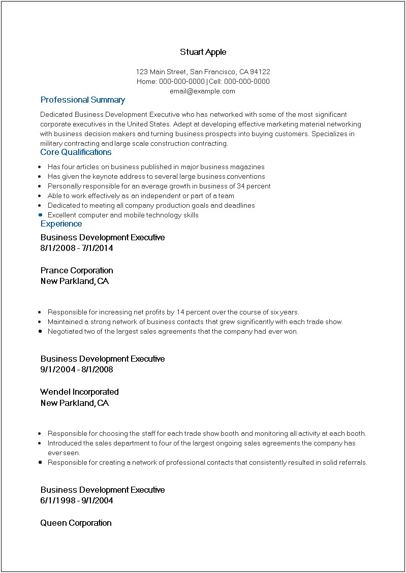 Resume Profile Samples Business Development