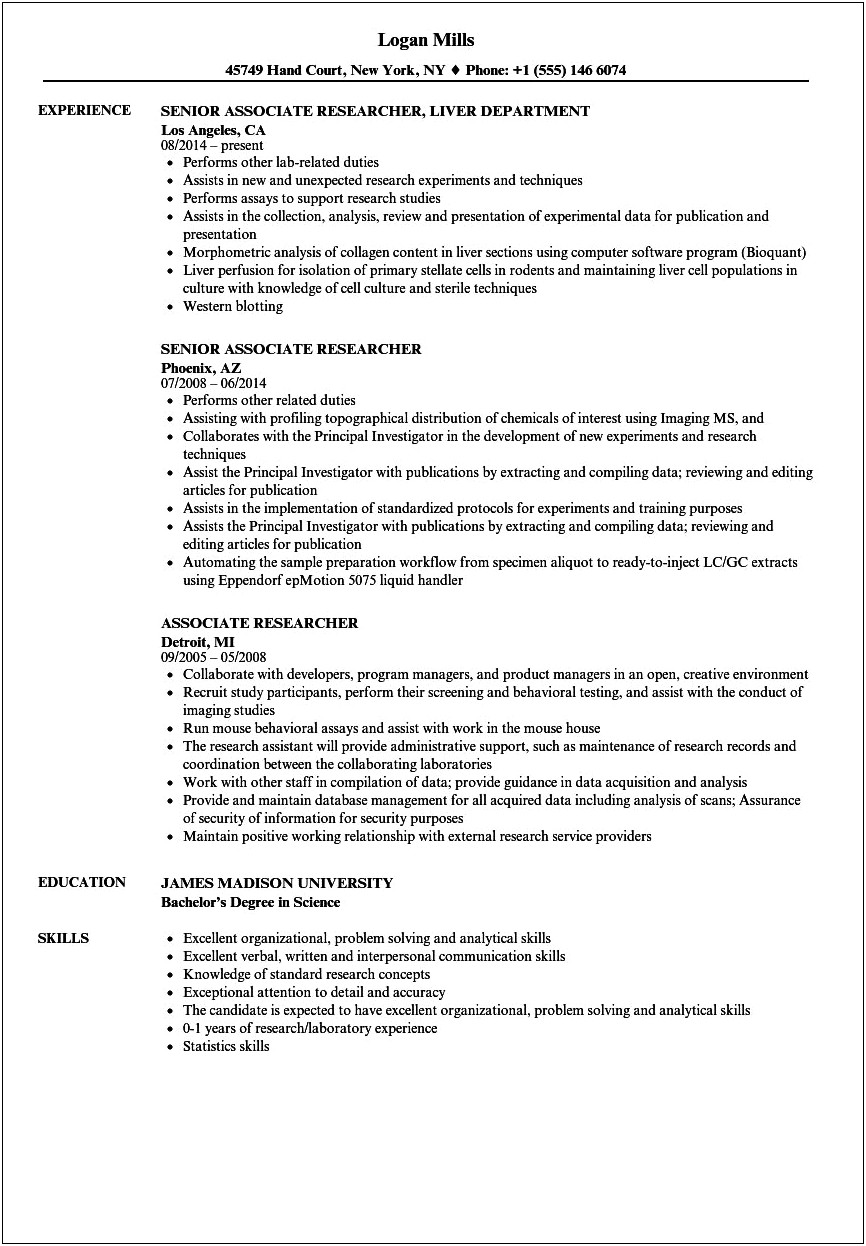 Resume Profile Samples For Researcher