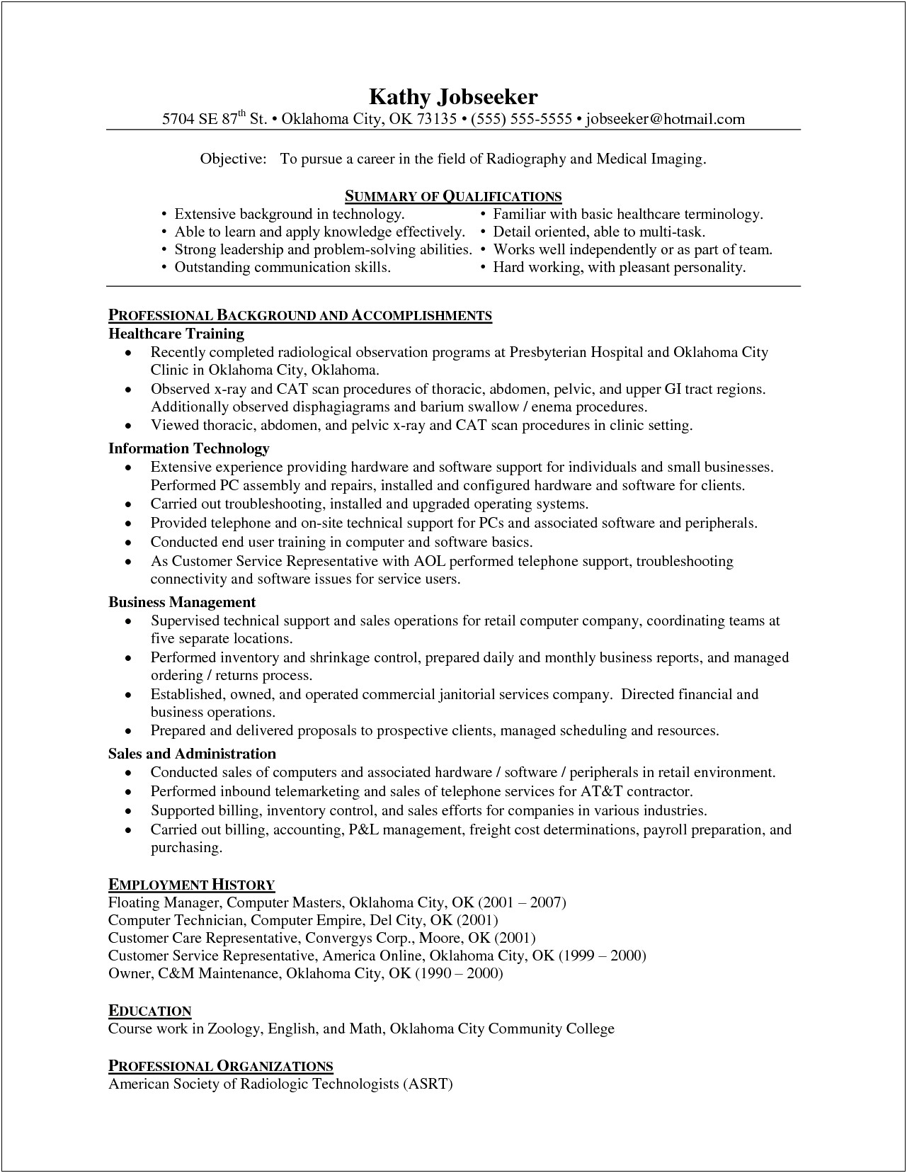 Resume Profile Summary Of Radiologic Technologist