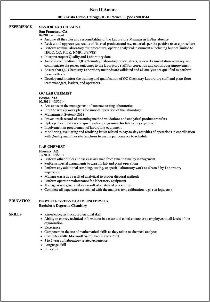 Resume Profile Summary Organic Chemist Example