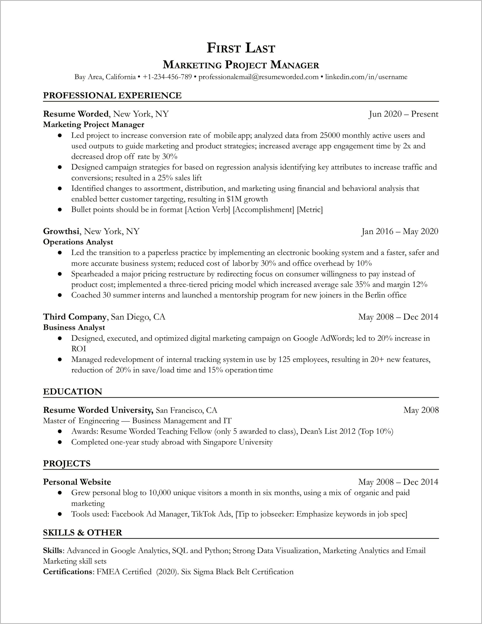 Resume Profile Verbs Project Management