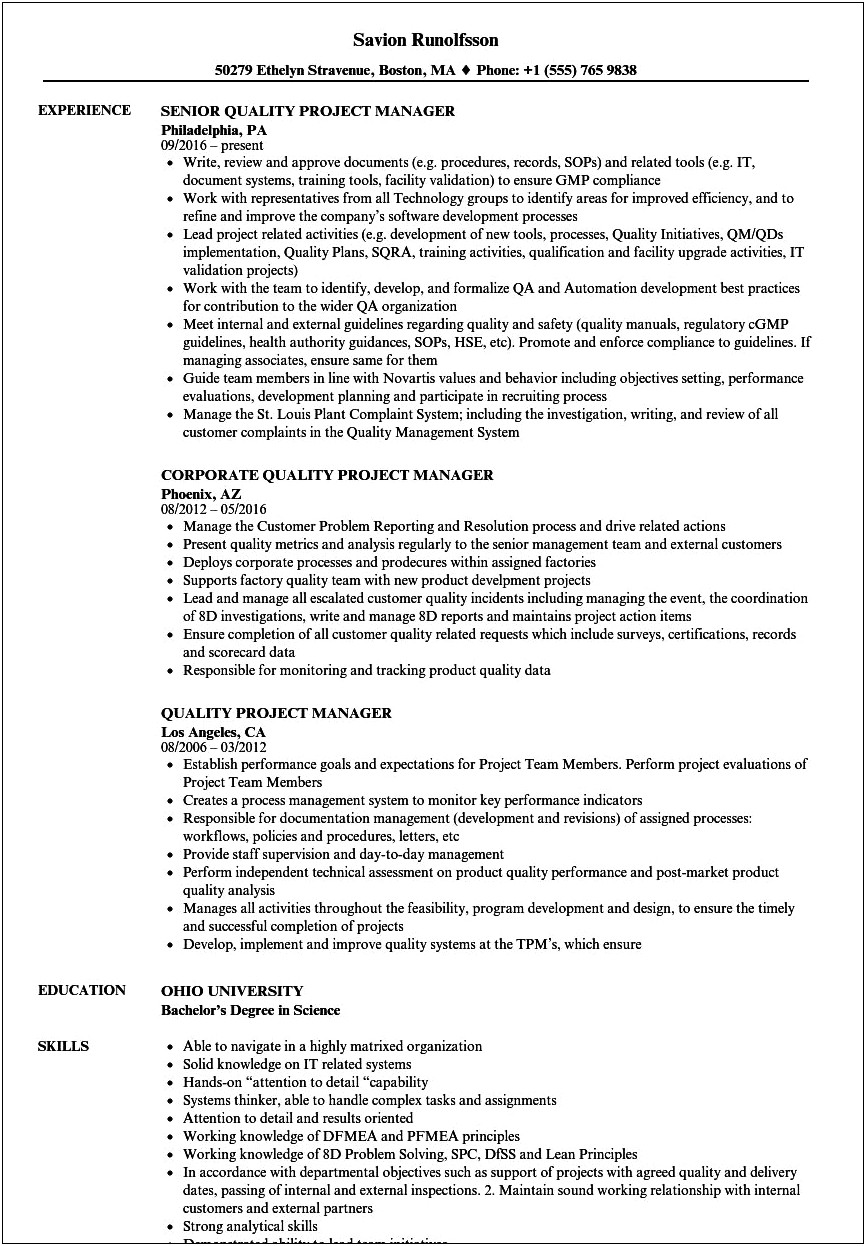 Resume Project Manager Fda Quality Passing Audit