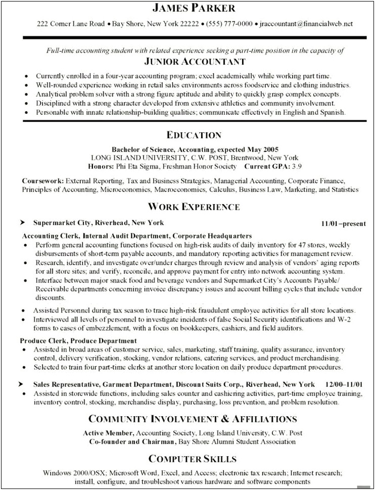 Resume Qualifications For A Part Time Accounting Job