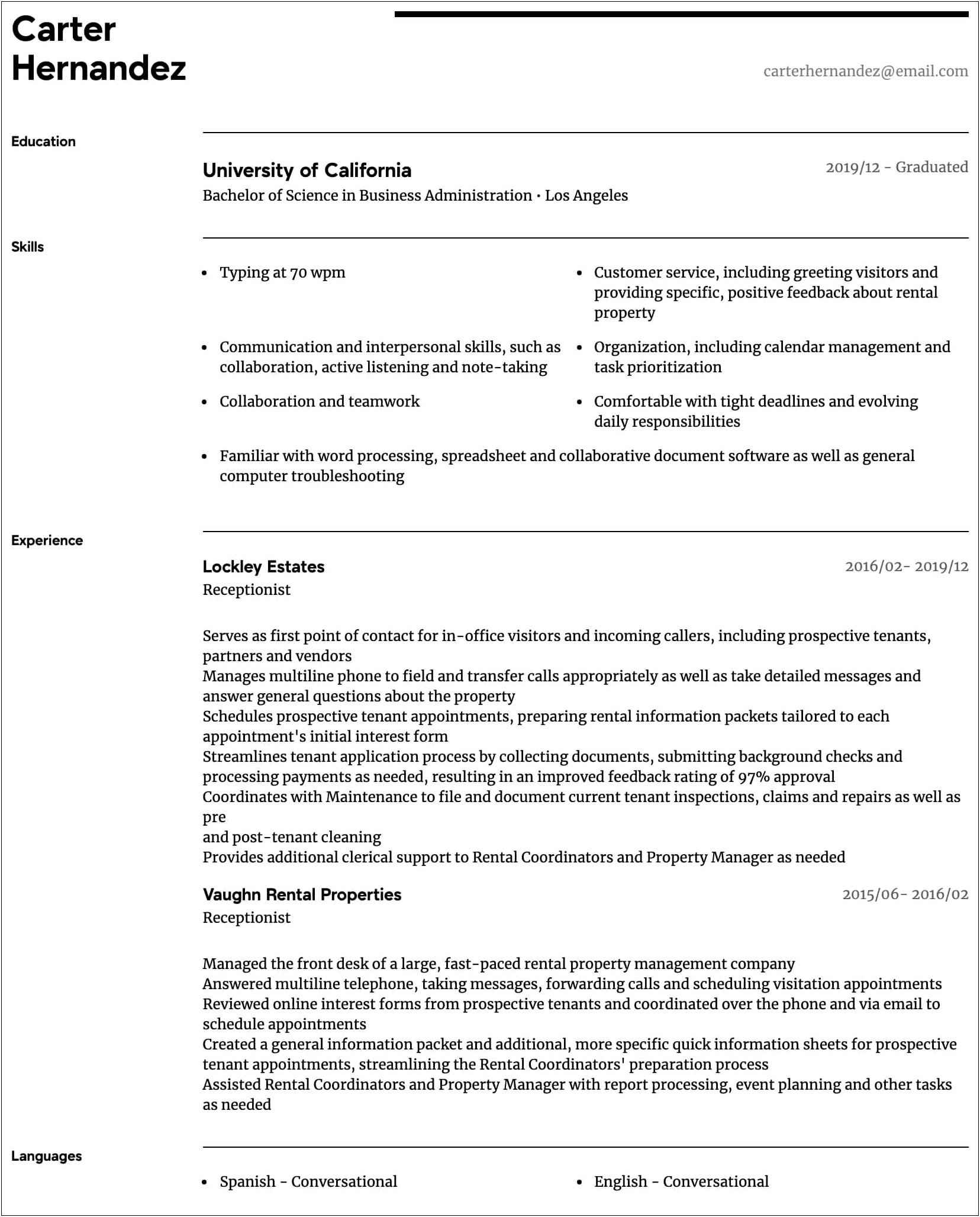 Resume Receptionist Job Description Examples