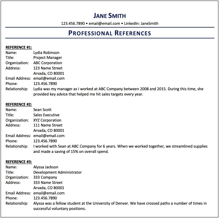 Resume Reference Contact Details Example