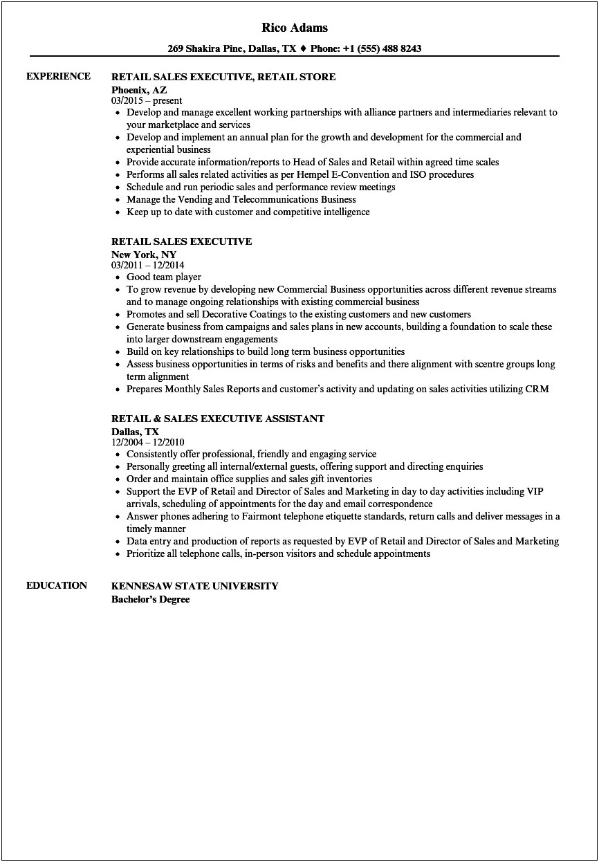 Resume Retail Job Description Sample