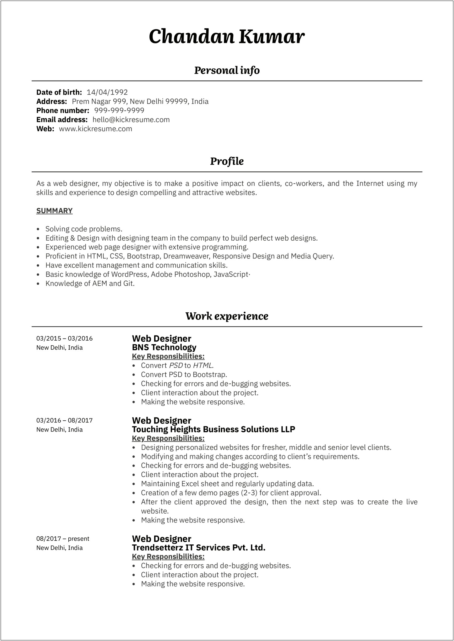Resume Sample Brief Personal Profile