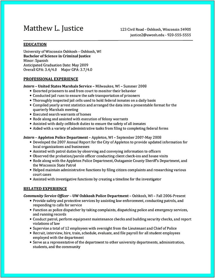 Resume Sample Criminal Justice With Minor