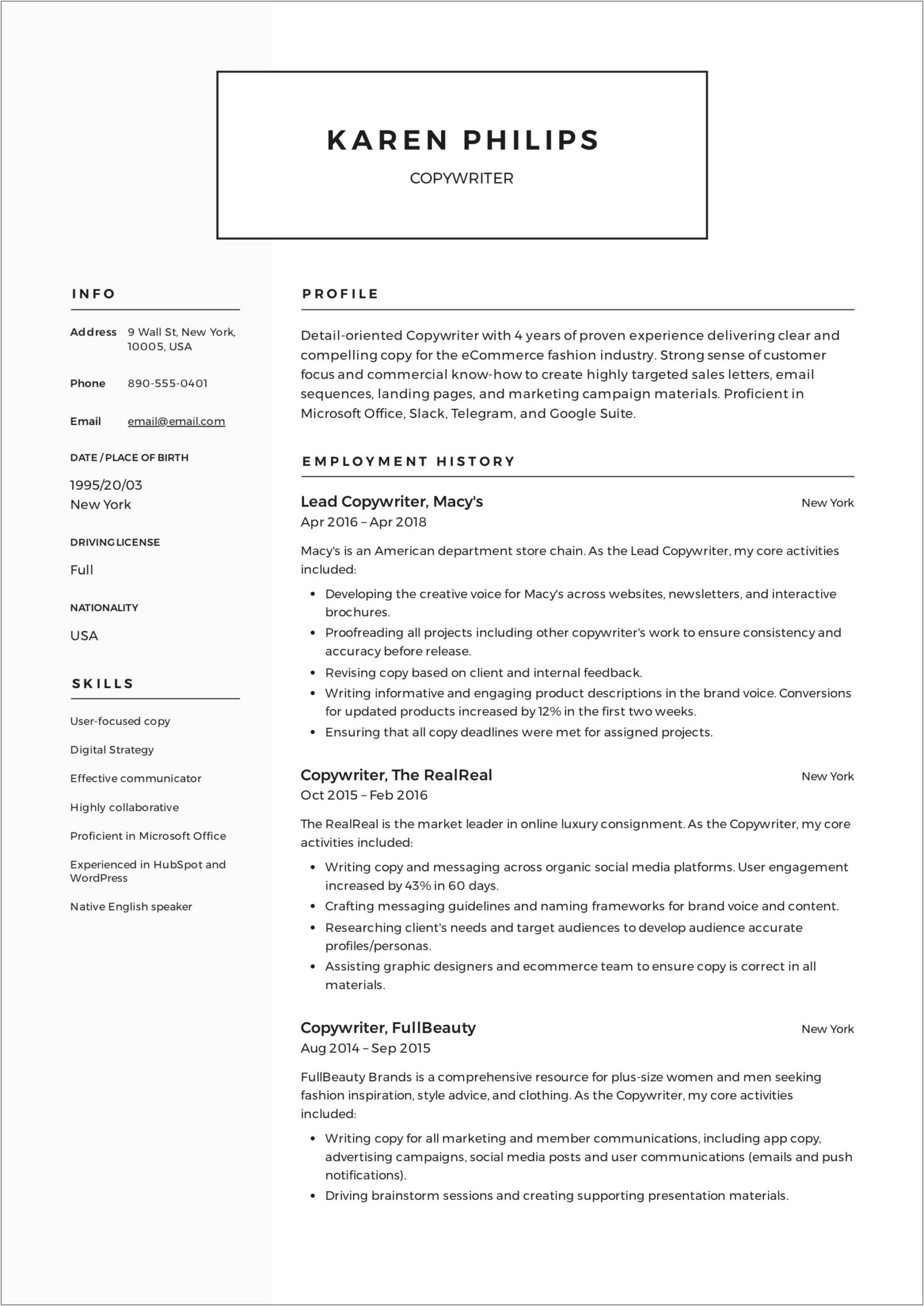 Resume Sample For A Copywriter