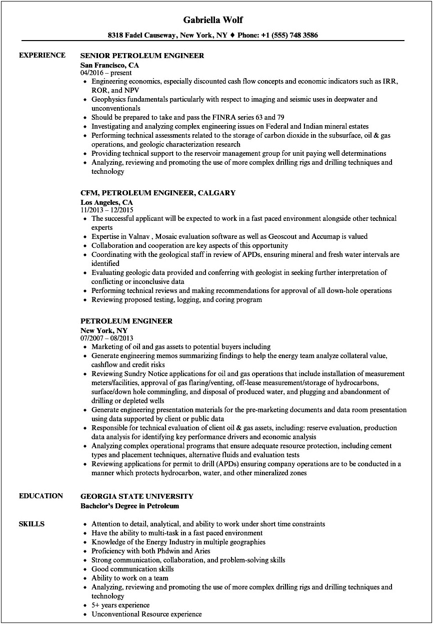 Resume Sample For A Petroleum Engineer