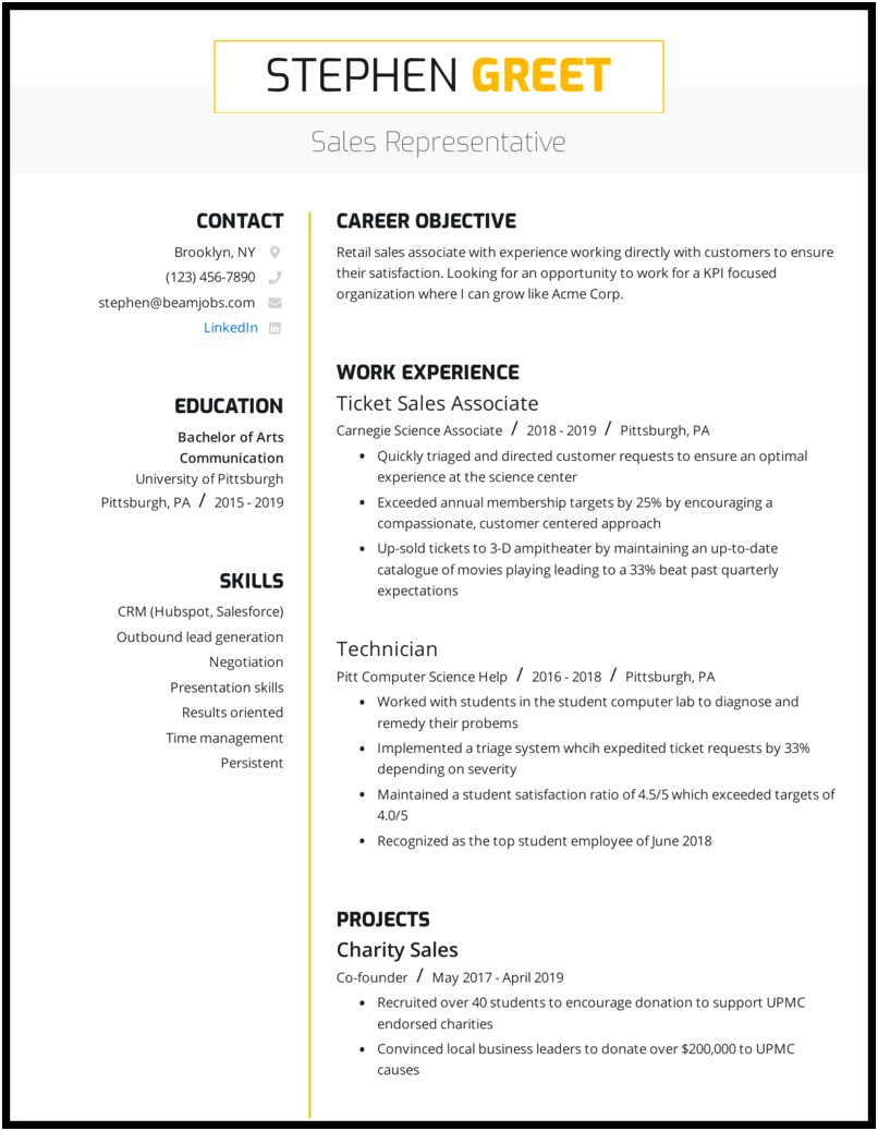 Resume Sample For A Sales Representative