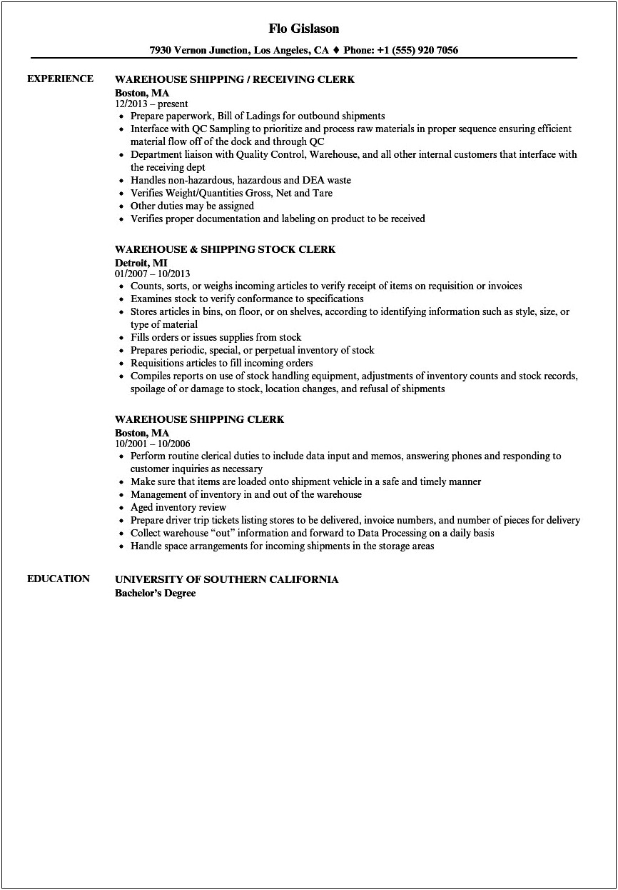 Resume Sample For A Shipping Clerk