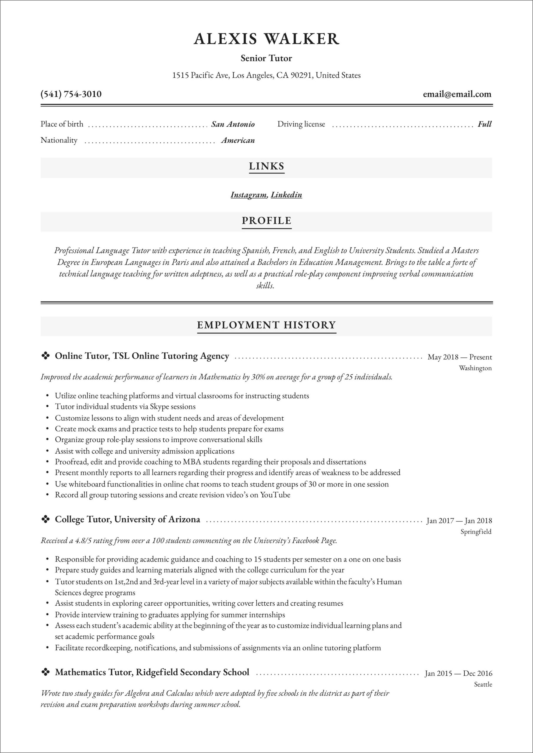 Resume Sample For A Tutor