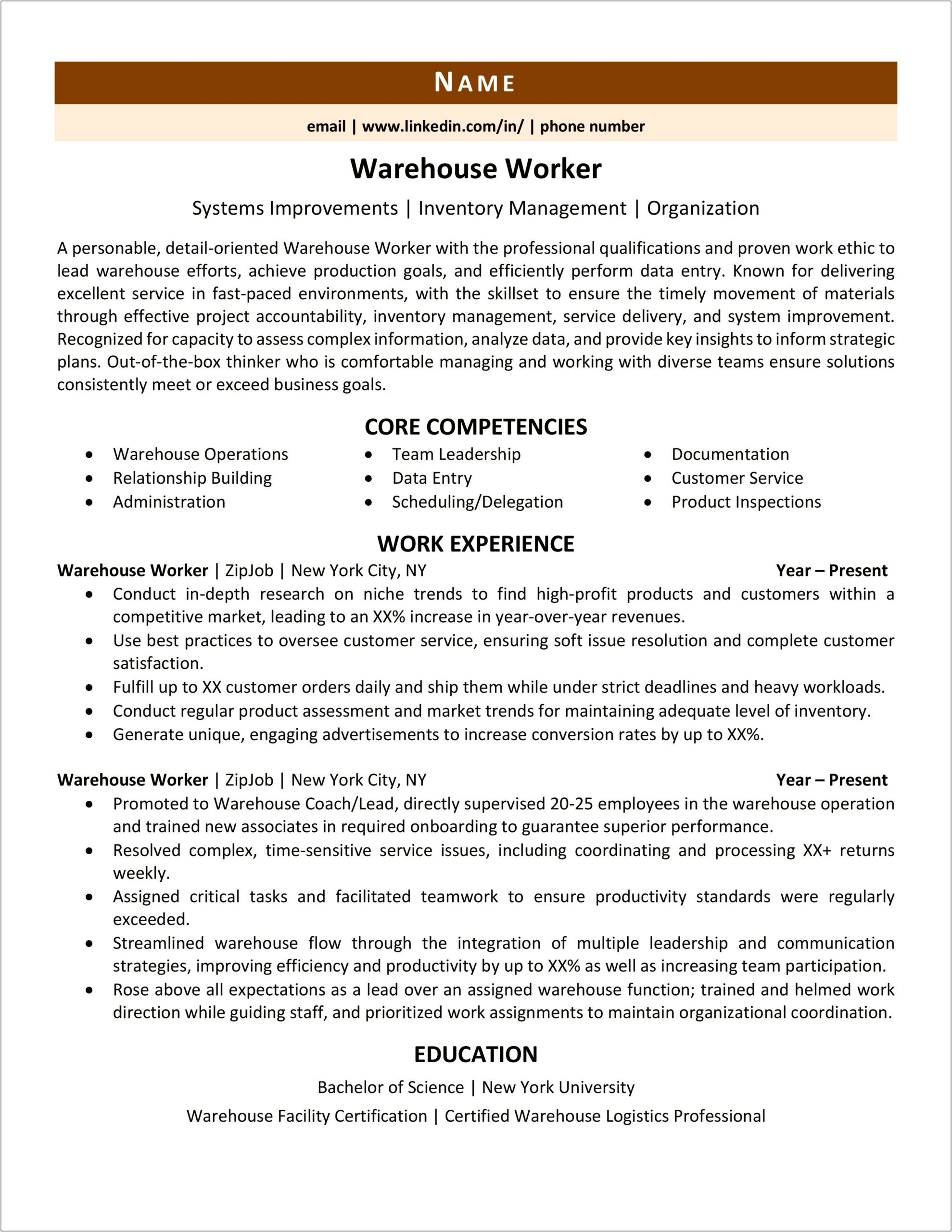 Resume Sample For A Warehouse Office Emploee
