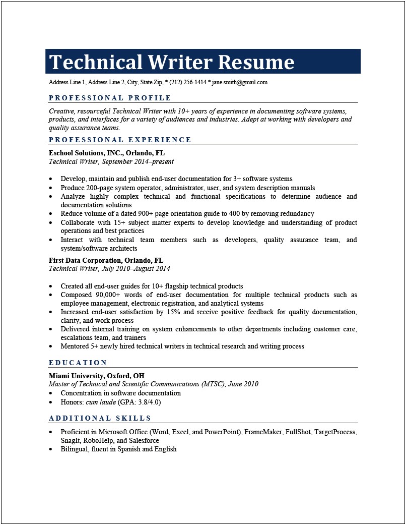 Resume Sample For A Writer